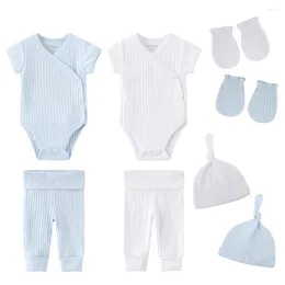 Clothing Sets Born Cotton Baby Girl Clothes Solid Bodysuits Pants Hats Gloves Unisex Boy Summer Short Sleeve