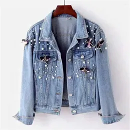 Women's Jackets Women Beading Loose Overcoat Jeans Jacket Cowboy Coats Streetwear Long Sleeve Denim Outerwear Fall 2024 Spring Coat