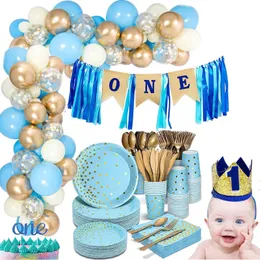Mavi nokta parti tek kullanımlık sofra seti beyaz ve altın lateks balonlar çelenk kemer bebek duş erkekler 1. doğum günü dekor 231220