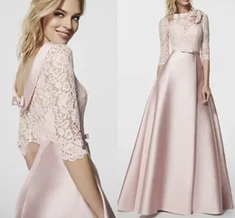 2024 Pink Lace Mother of the Bride Brust High Twlar Neck 3/4 أكمام زهرة حفل زفاف حفل زفاف A-line طول القوس الساتان Robe de Fete de Mariage