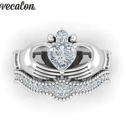 Anéis de casamento Vecalon Amantes de luxo Claddagh Anel 1ct 5A Zircon Cz Branco Ouro Cheio Banda de Noivado Conjunto para Mulheres Men214K