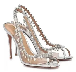 2024 Summer Luxury Temptation Crystal Concerto Sandaler Shoes for Women Embellished PVC Peep Toe Sexig Sling-back High Heels Bridal Wedding Party 35-41