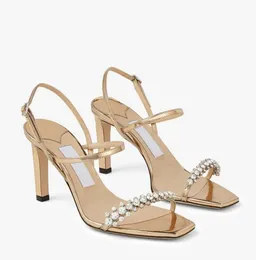 2024 New Summer Meira Sandals Shoes Crystal Pumplised Strappy Pumps المؤنث الخنجر الكعب السهرة فستان الزفاف الزفاف النساء عالي الكعب حذاء EU35-43