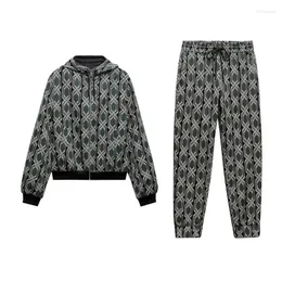 Frauen Zweiteilige Hosen 2024 Frühling Frauen 2 Stück Print Bomber Jacke Mit Kapuze Sweatshirt Frau Elastische Taille Jogger Sets