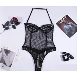 Bras setleri leosoxs siyah örgü seksi porno iç giyim pu deri yular erotik iç çamaşırı shapewear punk tarzı açık sütyen fermuarlı samimi kit otsxc