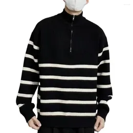 Suéteres para hombres Suéter con escote con cremallera Jersey de moda unisex Cuello alto a rayas Punto grueso Cálido para el otoño