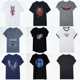 24SS Zadig Voltaire Yeni Niş Kadın Tasarımcı T-Shirt Ön Mor Doll Baskı Arka Mektup Pamuk Günlük Çok Yönlü Kısa Kollu Külot Tee Polos Üstleri ZV