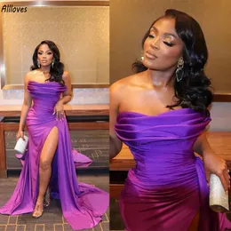 Purple Strapless Arabic Aso Ebi Evening Dresses Long Mermaid Sexy Thigh Split Pleats Special Occasion Prom Gowns Red Gala Celebrity Second Reception Dress CL3096