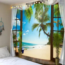 Tapestries 3D Window Scenery Tapestry Hippie Coconut Beach Wave Wave for Bedroom Home Decoration Bohemian Mandala