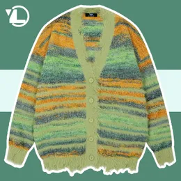 Vinter oregelbundna stickade tröjor Man Loose stripe cardigan färgblock överdimensionerad tröja kvinna y2k harajuku stickade rockar toppar 231220