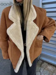 Women's Leather Faux Leather Aonibeier Oversize Women Loose Jacket Traf Winter Warm Thicken Fleece Lined Long Sleeve Pockets Faux Suede Coat Female Top 231220