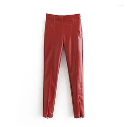 Pantaloni da donna Leggings in pelle rossa da donna Pantaloni elasticizzati riflettenti lucidi stringere pantaloni autunno inverno sexy slim a vita alta in PU
