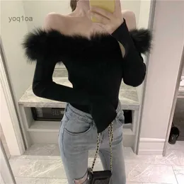 Kvinnors tröjor Lairauiy Womens Casual Korea Style Flare Long Sleeve Sticked Tops Solid Color Furry Off Shoulder Boat Neck Pullovers Knitwearl231026