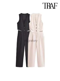 Women's Jumpsuits Rompers TRAF-Women's Hollow Out Waistcoat Jumpsuits With Darts Sexy Sleeveless V Neck Female Playsuits Fashion YQ231220