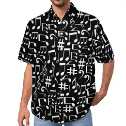 Camisas casuais masculinas notas musicais impressão camisa branca e preta praia solta havaiana novidade blusas manga curta design roupas oversize