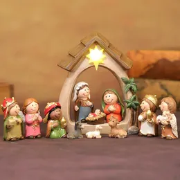 Tecknad Jesus Birth Manger Set Scene Decorations Christmas Ornaments LED LIGHTS Söt heminredning Holiday Gift Kids Toys 231220