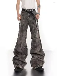 Jeans da uomo HOUZHOU Y2K Gamba larga da uomo a pieghe Moda vintage Micro pantaloni svasati in denim High Street Pantaloni bootcut Design maschile