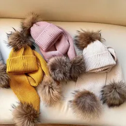 Baby Hats kids toddler Hat Scarf Sets gift girls Boys Children Girl caps Cute Winter Warm Knitted Pompom Baby Cap Beanie Solid Hairball r92J#