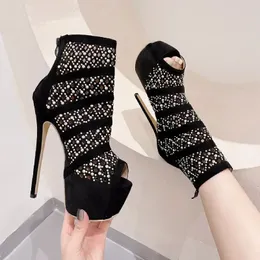 Boots Sexy Hollow Rhinestone Decoration Platform Women's Boots High Heeled Sandals for Women Peep Tee Tee Nightclub Party Shiletto Sholets 231219