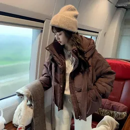 Jaquetas femininas moda tendência inverno doce feminino estilo preppy quente com capuz rendas cordão curto solto jaqueta de algodão macio
