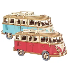3D-Puzzles DIY manuelle Montage Modellauto Holz Retro Bus Puzzle Camper Van Lernspielzeug für Kinder Geschenk Home Room Dekoration 231219