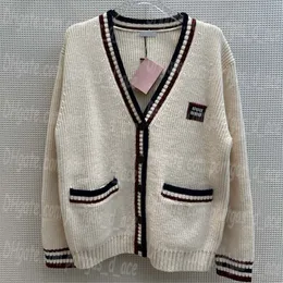 Knitted Sweater Cardigan Coat Long Sleeve Striped Contrast Color Sweaters Tops Bust Letter Design Elegant Jackets Sweater