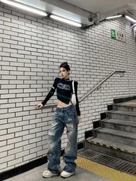 Vaqueros de mujer Retro rasgados para mujer Tie Dye estampado de letras Y2k pantalones Hip Hop cintura alta holgados ropa de calle