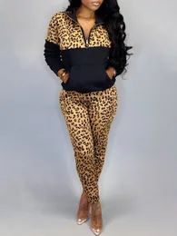 Calças femininas de duas peças LW Plus Size Conjuntos de correspondência femininos Leopard Print Kangaroo Pocket Pants Set 2024 Primavera mulheres Conjuntos de duas peças Casual Oufits 231219