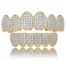 Iced Out Grillz Bling Хип-Хоп Зубы Грили Шапки Серебро Золото Цирконий Зубы Верх Низ Зубные Грили Рок Jewelry217V