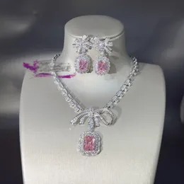 Bowknot Lab rosa Diamant-Schmuckset 14K Weißgold Verlobung Hochzeit Ohrringe Halskette für Frauen Braut Versprechen Geschenk