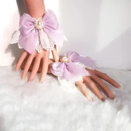 Ginocchiere 1 paio Lolita Polsini con fiocco in nastro Guanti senza dita carini Imitazione perla pizzo Manica a mano Cosplay Accessori per abbigliamento da festa