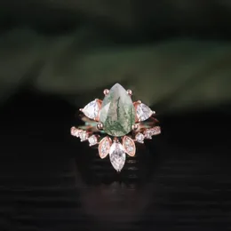 Bröllopsringar Gem's Ballet Unique Natural Moss Agate Engagement Ring Set Vintage Cluster Wedding Ring 2sts Green Moss Agate Bridal Ring 231219