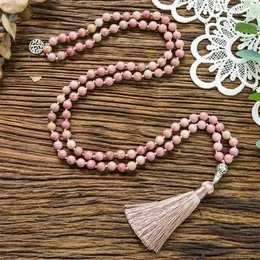 Hanger Kettingen 8mm Natuurlijke Rhodochrosiet Geknoopt 108 Kralen Japa Mala Ketting Meditatie Yoga Zegen Gezondheid Sieraden Vrouwen Cha302w