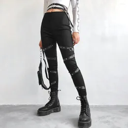 Frauenhose Frauen solide gotische Punkt lässige lockere elastische Hose Taschen Niete Full Jeggings Pantalones de Mujer