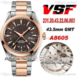 VSF V2 Aqua Terra 150M 43 5mm GMT A8605 Automatic Mens Watch Two Tone Rose Gold Brown Textured Dial Stainless Steel 231 20 43 22 0337S