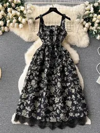 Casual Dresses Summer Vintage Floral Jacquard Sling Dress Women's Spaghetti Strap Backless With Belt Lace Trims Evening Party