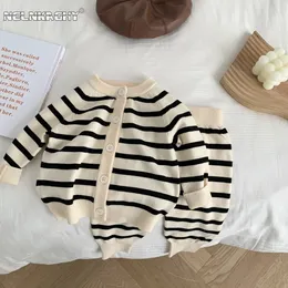 autumn kids baby girls boys striped full sleeve singlebreasted top knittes coatmid waist pants children clothes set 2pcs 231220