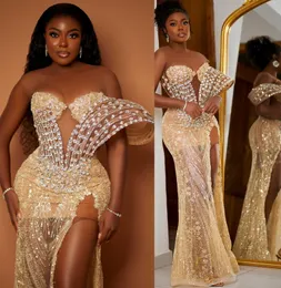 2024 Aso Ebi Mermaid Gold Prom Dress Beaded Crystals Sequined Lace Evening Formal Party Second Reception Birthday Engagement Gowns Dresses Robe De Soiree ZJ359