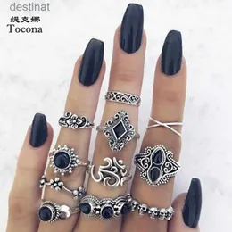 Anel Solitário Tocona Vintage Preto Cristal Pedra Prata Cor Anéis para Mulheres Geométricas Carve Flores Lua Boho Joias Anel de Casamento anillosL231220