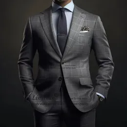 Fashion Grey Plaid Suits For Mens Business Male Blazer Slim Fit Wedding Groom Tuxedos 2 Piece Set Jacket Pants Costume Homme 231220