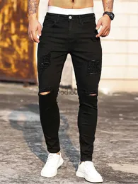 Herr jeans streetwear mode svart rippade mager jeans män smal höfthop denim byxor nya våren casual jeans för män jogga jean homme l231220