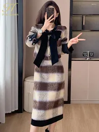 Two Piece Dress BabYoung 2024 Autumn Winter Bow Tweed Suit Women Plaid Jackets Fashion Midi Skirts Casual Office Thick Elegant Women's Sets