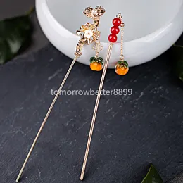 Vintage kinesisk stil Hanfu Hair Stick Persimmon Tassel Hairpin Elegant Metal Hair Fork Woman SMEEXKE Kvinnliga hårtillbehör