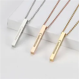 Quatro lados gravura personalizado barra quadrada nome personalizado colar de aço inoxidável pingente colar feminino masculino gift303s