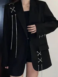 Vintage gótico preto blazer feminino estilo coreano corrente manga longa solto terno jaqueta primavera outono senhora do escritório harajuku outerwear 231220