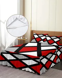 Bettrock, rot, schwarz, grau, geometrisch, quadratisch, elastisch, Spannbettdecke mit Kissenbezügen, Matratzenbezug, Bettwäsche-Set