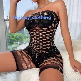 Kobiety tanio jeden rozmiar duży dziura pusta otworzenie ciała seksowne spektakle striptizerki Fishnet Rhinestone bielizny Bodysuit