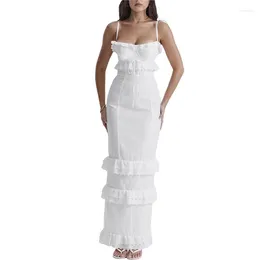 Sukienki swobodne koronkowe długie białe niskie cięcie spaghetti Bez rękawów wysokie rozłam Y2K sukienka estetyczna dla kobiet imprezowych