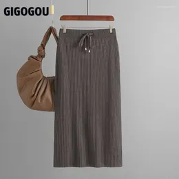 Röcke GIGOGOU Hohe Taille Frauen Gestrickte Bleistift Herbst Kordelzug Warme Lange Tunika Rock Slim Fit Rippe Sexy Bodycon Femme