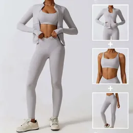 Lu Lu Align Yoga Suit High Impact Sports Bra Stretchy Pants Long Sleeve Running Jacket with Thumb Hole Autumn 3 Piece Gym Fitness Set Lemon Workout Gry LL